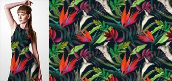 12018 Materiał ze wzorem malowane duże tropikalne kwiaty (strelicja,cantedeskia) i egzotyczne liście